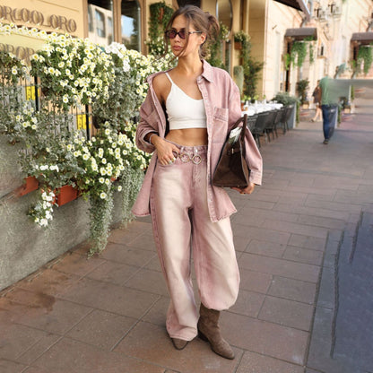 New Two-Piece Loose Denim Jacket High-Waist Pants Suit