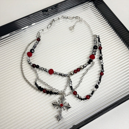 Sweet Cool Dark Punk Multi-Layered Personality Premium Cross Beaded Collarbone Necklace