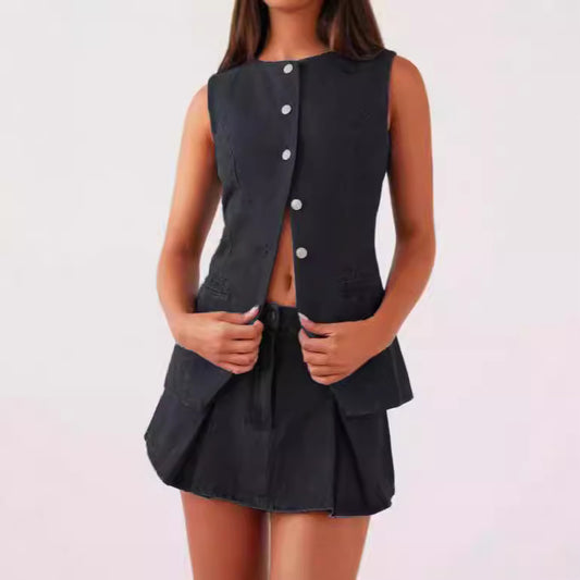 Fashionable Casual Sleeveless High-Waist Skirt Suit