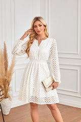 V Neck Hollow Out Cutout Eyelet Embroidery Pleated Long Sleeve Dress