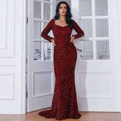 Fishtail Off Neck Long Sleeved Dress Mid Length Wedding Toast Dress Black Evening