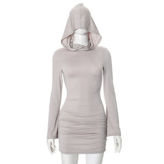 Solid Color Long Sleeve Hooded Pleated Hip High Waist Short Dress