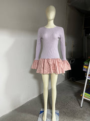 Sweet Stretch Knitted Puff Short dress Long Sleeve Ball Bell Sleeve Stitching