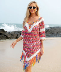 HCrocheting Wool Yarn Vacation Lace Beach Tassel Swimsuit Smock Dress
