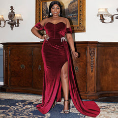Velvet One Shoulder Slit Floor Length Prom Dress promdress-250223