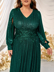 Plus Size Evening Dress Sequined V neck Split Long Sleeve Prom Evening Gown Mopping Dress