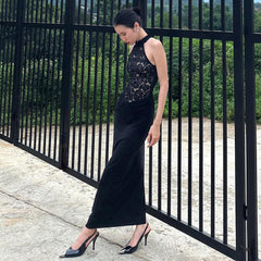 Sheer Cutout Lace Breathable Backless Sleeveless Black Slim Fit Dress Stretch