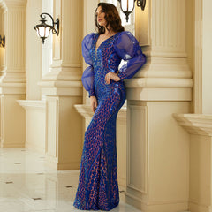 Long Sleeved Elegant Long Sequined V Neck Backless Cocktail Evening Dress Bridesmaid