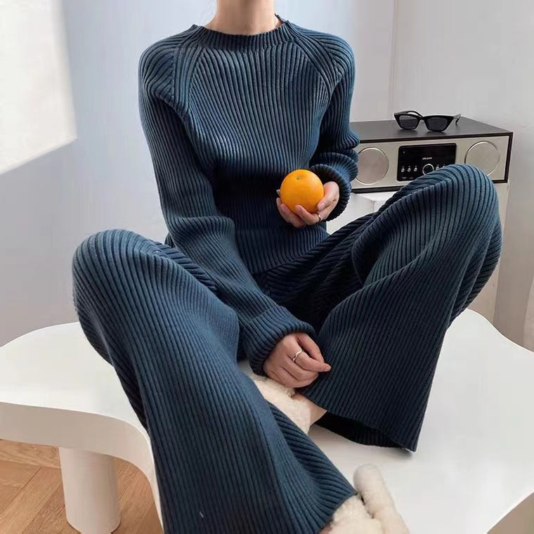 Elegant Casual Split Knit Sweater Wide-Leg Suit