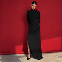 High Collar Slim Fit Long Sleeves High Slit Elegant Maxi Dress