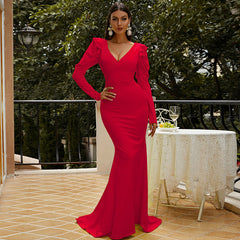 V-neck Long Sleeve Hepburn Elegant Sheath Elegant Lady Small Mop Evening Dress for