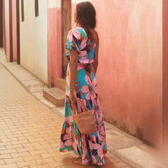 Casual Oblique Collar Floral Lace up off Shoulder Dress for