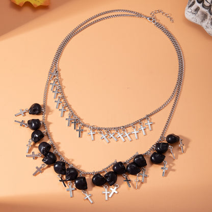 Halloween Punk Multi-Layered Skull Exaggerated Cross Fringe European American Necklace