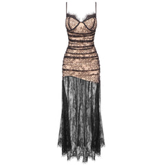 Black Pleated Lace Spaghetti Straps Sleeveless Maxi Evening Dresses Dress