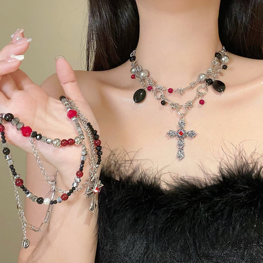 Sweet Cool Dark Punk Multi-Layered Personality Premium Cross Beaded Collarbone Necklace