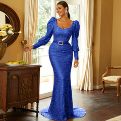 High Waist Long Sleeves Elegant Sequined Dress Evening