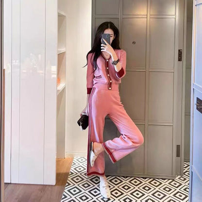 Casual Sporty Pink Knit Wide-Leg Pants Suit