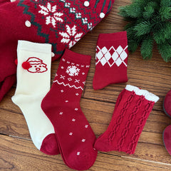 Red Argyle Snowflake Seamless Rabbit Fleece Mid Calf Christmas Socks