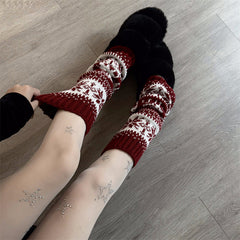 Retro Snowflake Knit Slouchy Red Christmas Leg Warmers