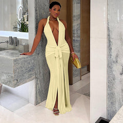 Backless Halter Deep V Plunge neck Solid Color Split