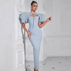 Elegant Lace up round Neck Hollow Out Cutout out Puff Sleeve Dress Simple Evening Dress