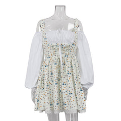 Bubble Sleeve Strap Tube Top Faux Two Piece French Dress Floral Cami Dress