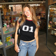 American Street Style Digital Print Contrast Color Short-sleeved T-shirt for Women