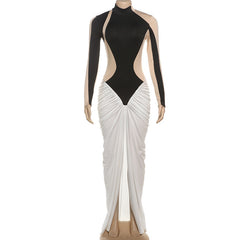 Trend Half High Collar Long Sleeves Stitching Contrast Color Pleated Dress