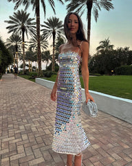 High-End Sequined Light Luxury Strap Dress Cocktail Host Annual Meeting