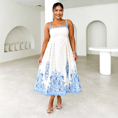 Printed Wave Sleeveless Backless Tied Spaghetti Strap