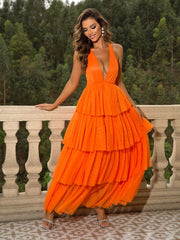 Long V neck Plush Collar Backless Hem Mesh Pleats Backless Cami Dress