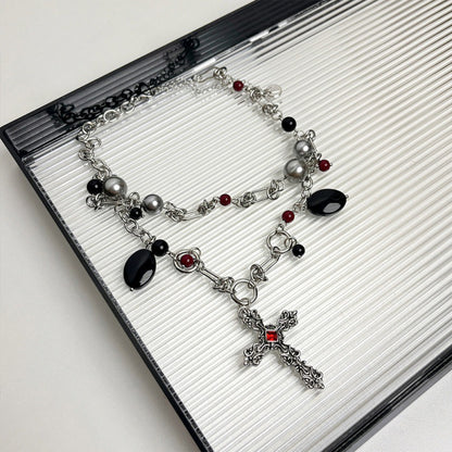 Sweet Cool Dark Punk Multi-Layered Personality Premium Cross Beaded Collarbone Necklace