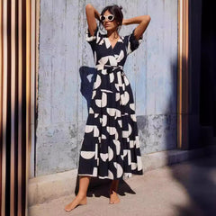 Casual V neck Printing Mid Length Dress