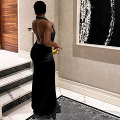 Backless Halter Deep V Plunge neck Solid Color Split