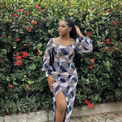 Blue Printed Plaid Simple Long Sleeve Slit Dress