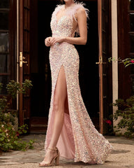 Feather Red High Waist Prom Dress handout / S promdress-250223