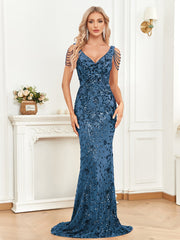 Sequined Dangling Beads Evening Cocktail Slim Fit Fishtail Dress Long Toast Dress