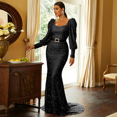High Waist Long Sleeves Elegant Sequined Dress Evening