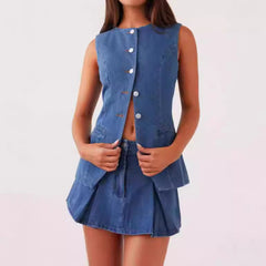 Fashionable Casual Sleeveless High-Waist Skirt Suit