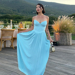 Elegant V Neck Pleated Dress Tube Top Maxi Dress Slim Fit Backless