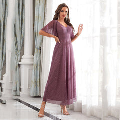 Evening Dress V neck Ruffle Bridesmaid Performance Party Dress