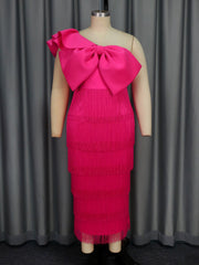 Elegant Solid Color Sheath Tassel Dress Party Cocktail Diagonal Collar Big Bow Dress