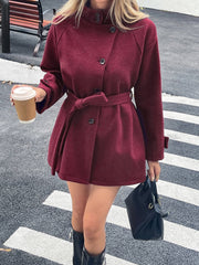 Elegant Solid Color Belted Wool Blend Coat Burgundy / S