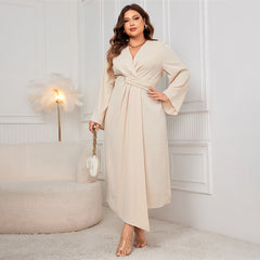 Plus Size Long Sleeve Dress Waist Controlled Slim Irregular Asymmetric Cut Dress