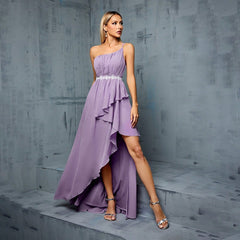 Purple Prom Evening Dress Short Front Long Back One Shoulder Dress Cocktail Party