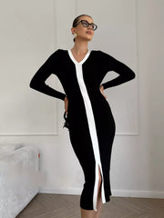 Long Sleeve V neck Stitching Contrast Color Knitted Dress Slim Slimming  Tight