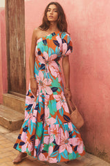 Casual Oblique Collar Floral Lace up off Shoulder Dress for