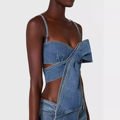 Sexy Bow-Tie Denim Strapless Wide-Leg Suit