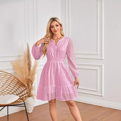 V Neck Hollow Out Cutout Eyelet Embroidery Pleated Long Sleeve Dress