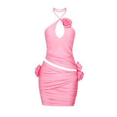 Fall Pink Three Dimensional Floral Halterneck Dopamine Wear Cutout Dress